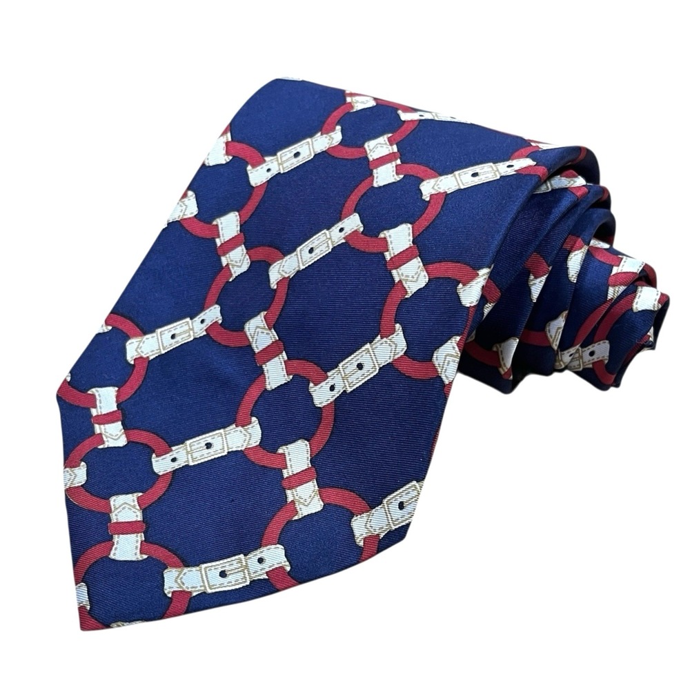 Vintage Neiman Marcus 100% Silk Necktie Navy Blue Buckle Chain Links